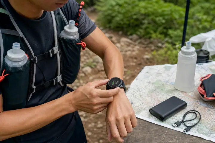 トレイルでGPSウォッチの電池残量と充電用品を確認するランナーのイメージ
