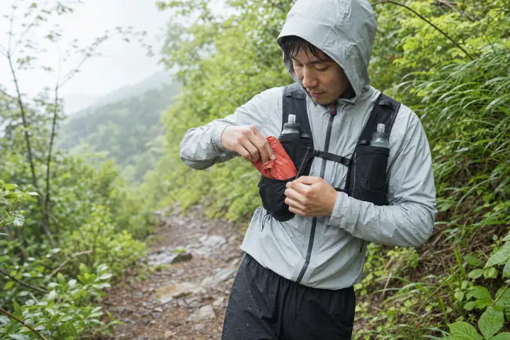 雨のトレイルで防水ジャケットと収納したシェルを確認するランナーのイメージ